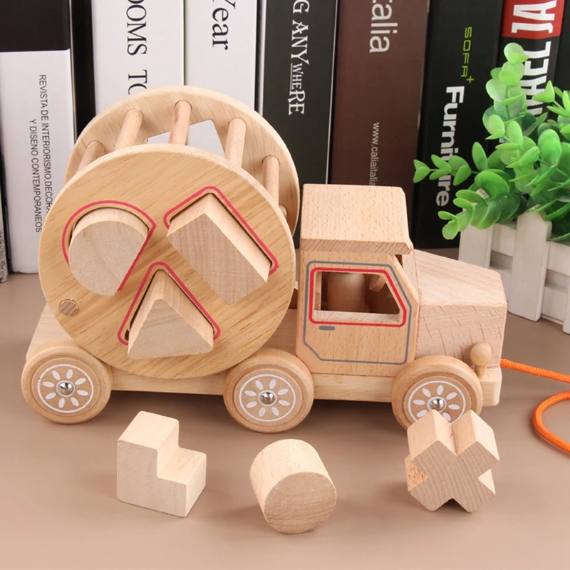 Bambini Pull Car in legno assemblaggio di blocchi di costruzione forma gioco di abbinamento giocattolo educativo per bambini Puzzle giocattoli di apprendimento