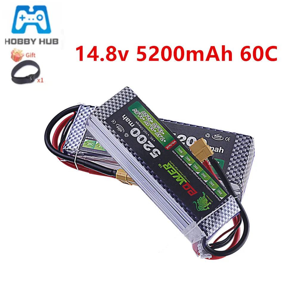 4S LiPo Battery 14.8V 5200mAh 60C RC Toys Rechargeable Batteries For RC Helicopter Airplane Car Boat Quadrotor Drone