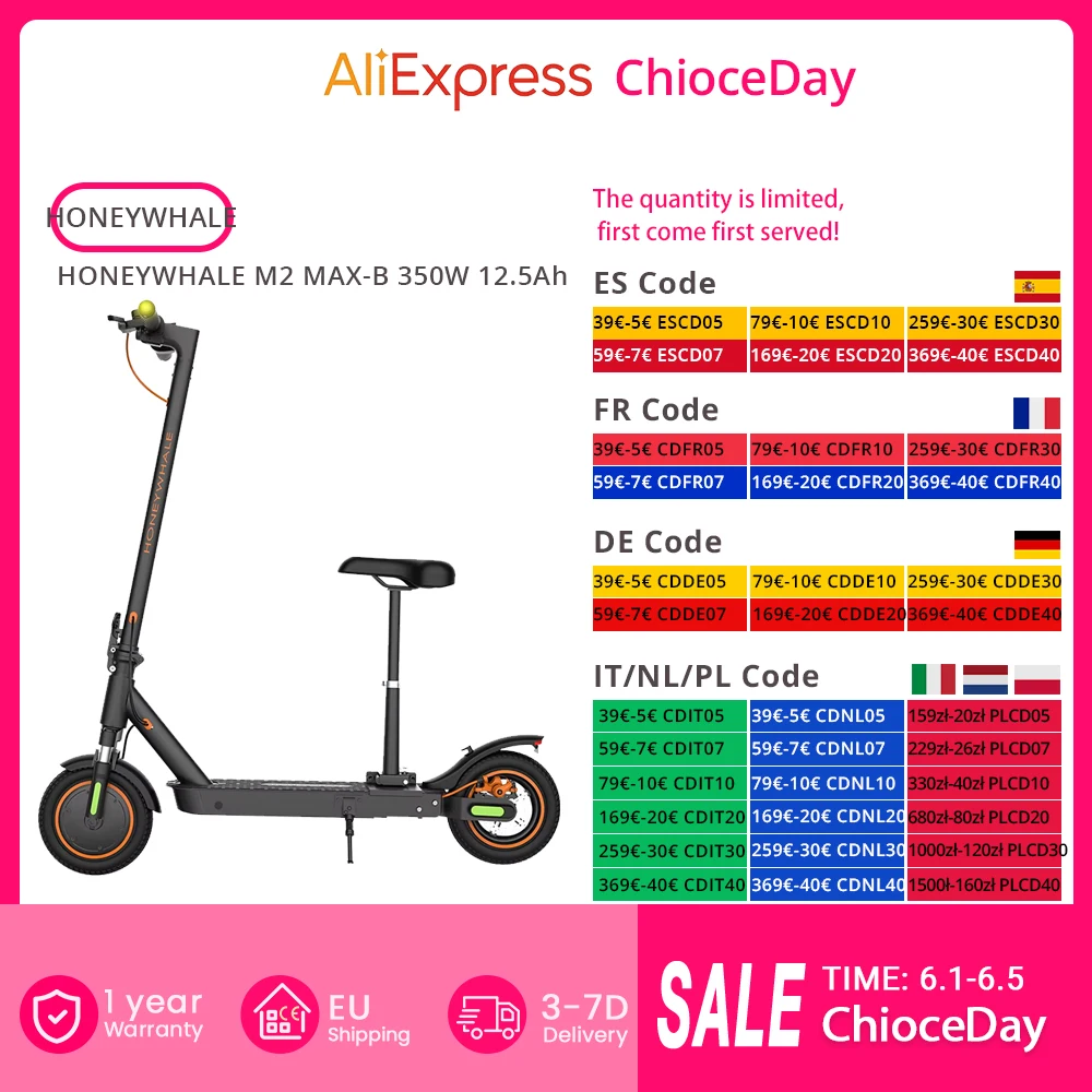 Honig wal m2 MAX-B Elektro roller mit Sitz 350W Motor 36V 12,5 Ah Batterie 10-Zoll-Reifen 32 km/h