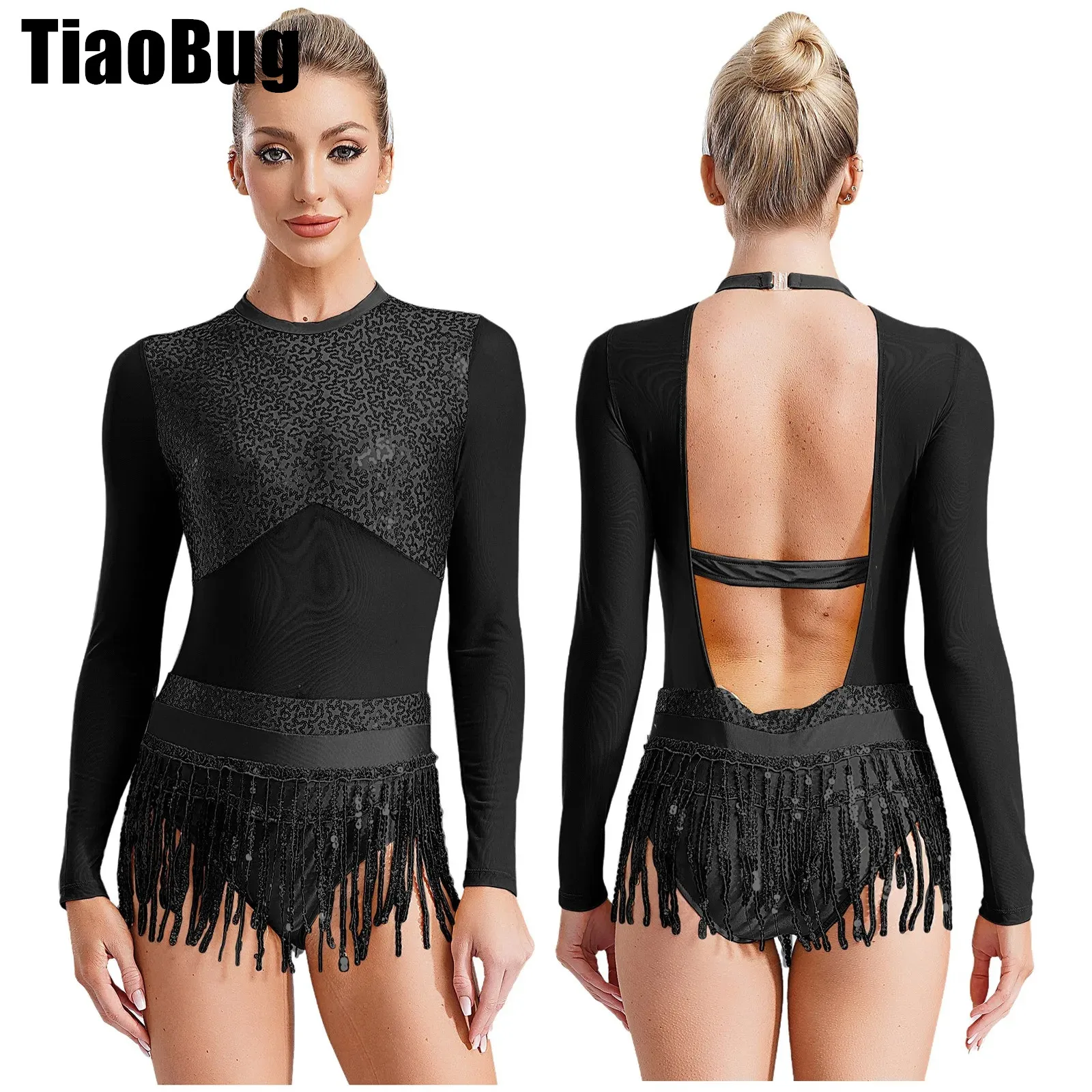 Women Shiny Sequins Tassel Jazz Dress Mesh Long Sleeve Open Back Patchwork Dance Dress for Stage Performance Competition
