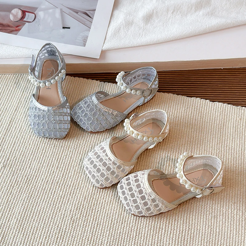 Kids Breathable Lace Sandals Summer New Lolita Princess Shoes for Girls Pearl Elegant Children's Mesh Flat Sandals Lightweight