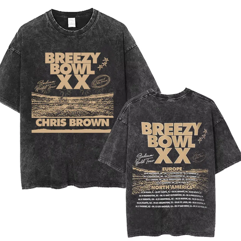 

Rapper Chris Brown Pop Music Concert Fans T Shirt Breezy Bowl XX Tour 2025 Washed T Shirts Men's Clothing Hip Hop Retro T-shirts