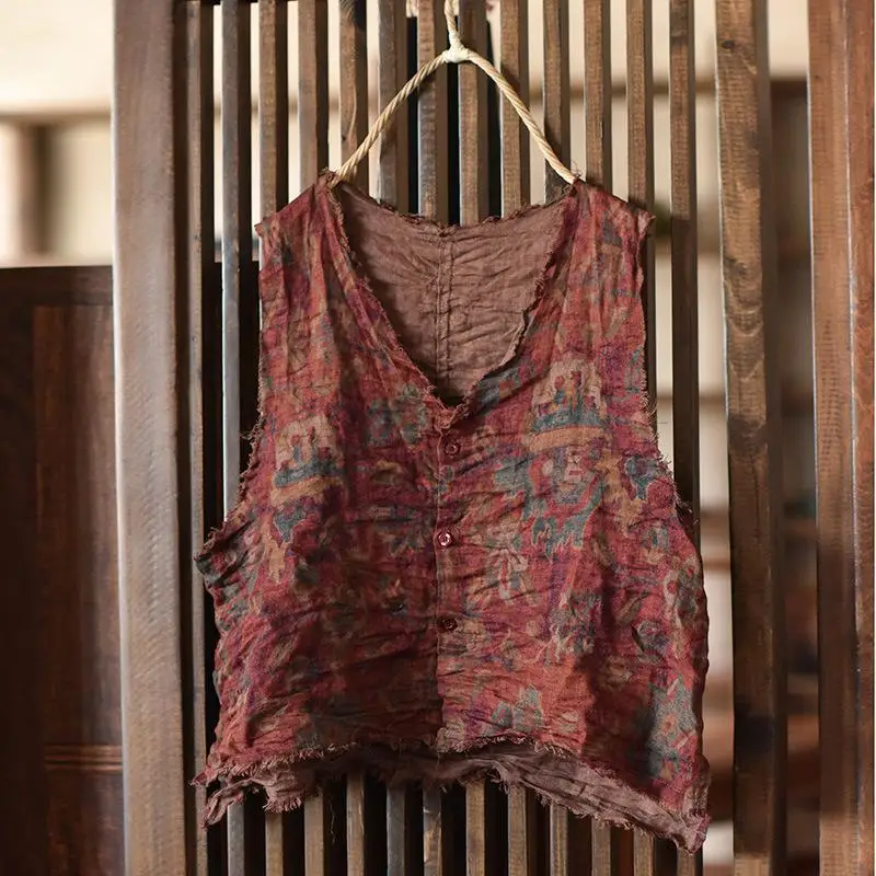 

New Arrival Summer Arts Style Women Sleeveless Tank Tops Single-breasted Vintage Print Cotton Linen Femme Vintage Tank Tops 4103