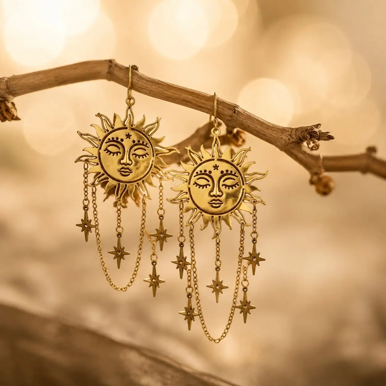 Trendy Personality Sun Face Star Tassel Earrings For Women Fashion Golden Alloy Ears Accessories Festival Gift Party Casual Wear