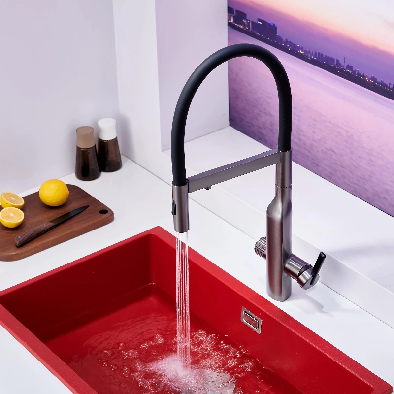 

Цельномедный кухонный смеситель Farrete, пистолет, серая, спиртовая раковина «три в одном», выдвижная раковина, холодная и горячая мытье посуды, универсальное вращение