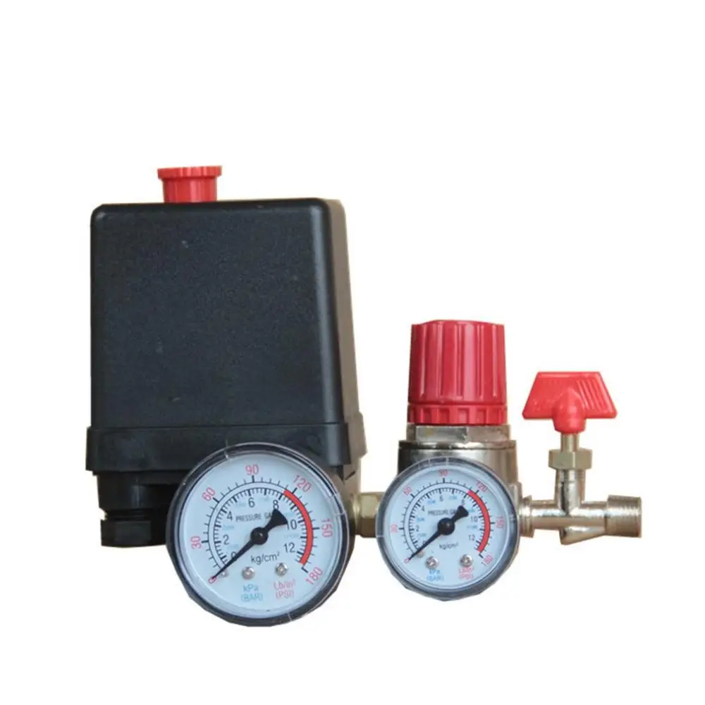 Air Compressor Pump Pressure Control Switch 4 Port 220VManifold Relief Regulator PSI Control Valve with Gauge