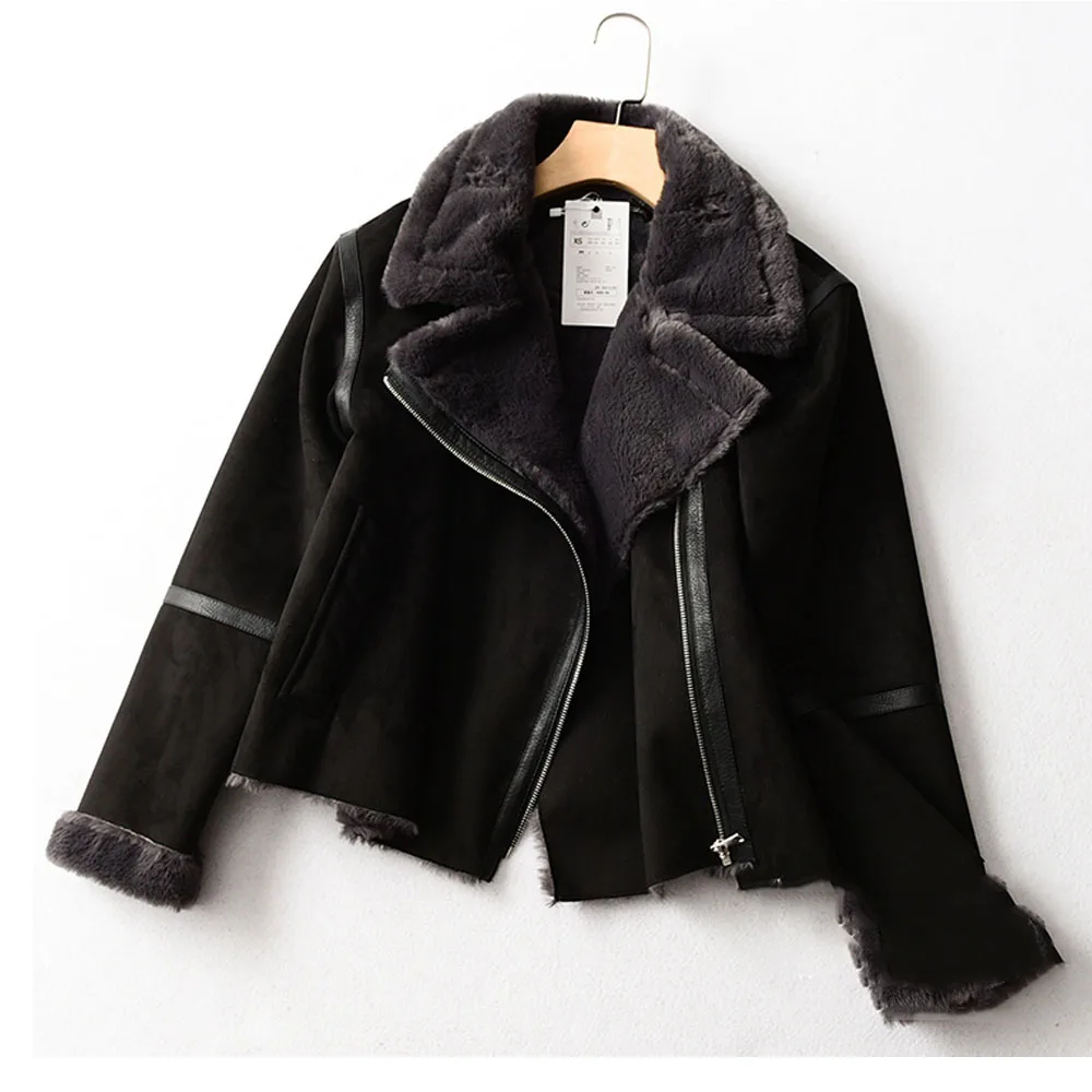 Women's Moto Biker Zipper Jacket Short Coat Faux Leather Double Faced Fur Plush Casual Hairy Collar  Free Shipping Promotion