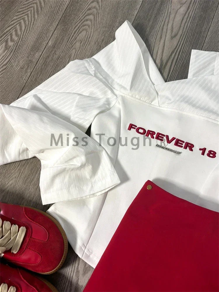 Autumn Y2k Elegant 3 Piece Set Woman Spicy Girls Plaid Bra + White Print Long Sleeve Tops + Red Chic Mini Skirt Korean Fashion