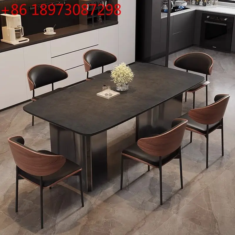 Mesa de jantar e cadeira de laje de rocha combinação italiana suporte completo placa de base de aço inoxidável moderno e minimalista casa luz luxo