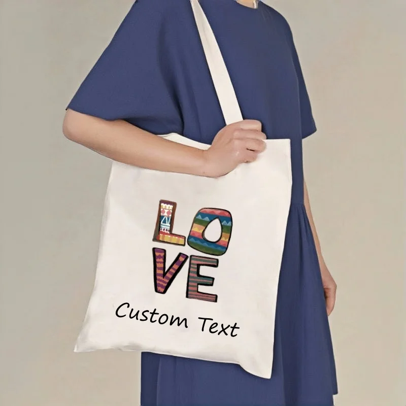 1PC Canvas Tote Bag LOVE Print Custom Text Roomy Durable 2 Colors Casual Shoulder Bag