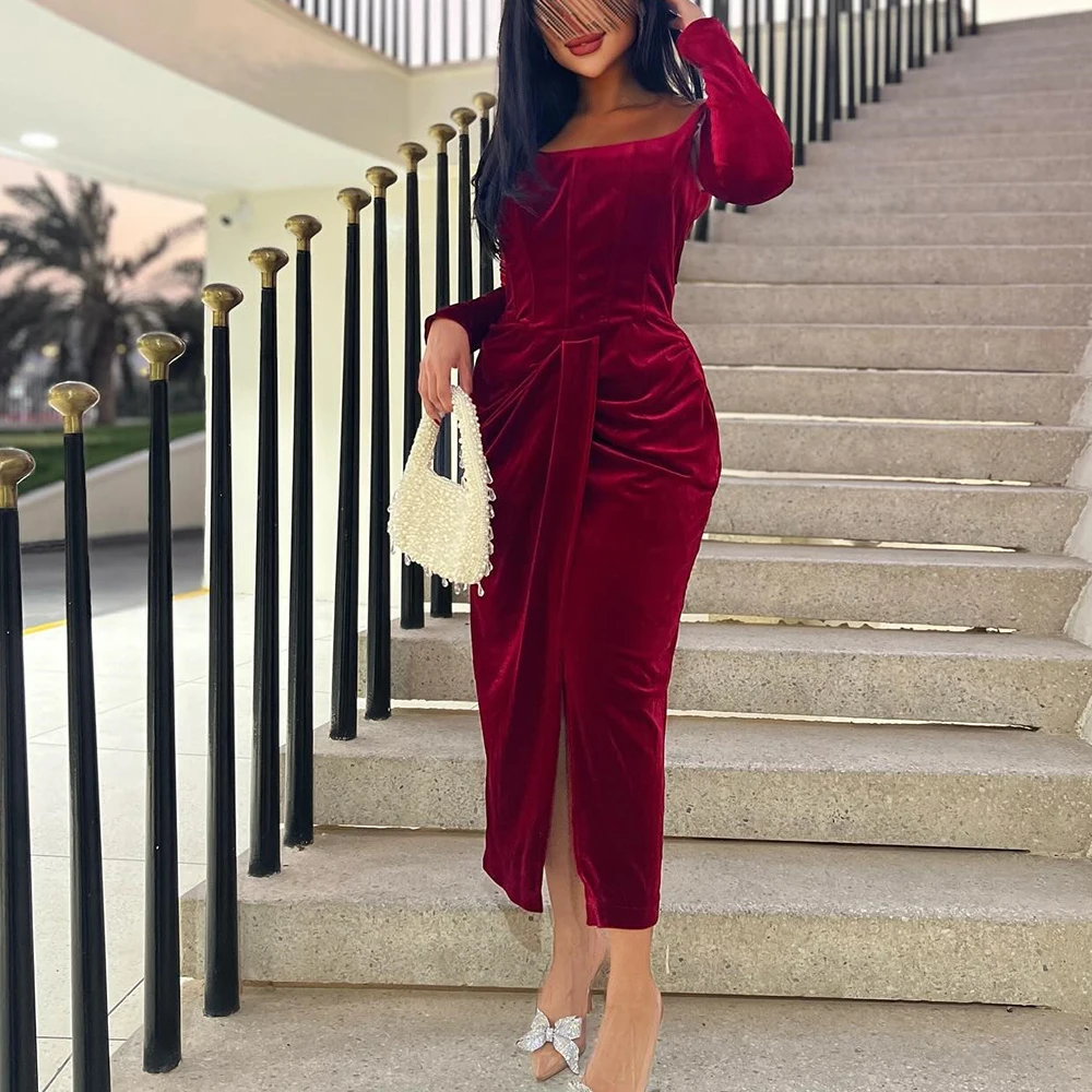 

Exquisite Velvet Straight Evening Dress Fashion Front Slit Long Sleeves Square Neck Ankle Length فساتين سهره نسائيه فخمة