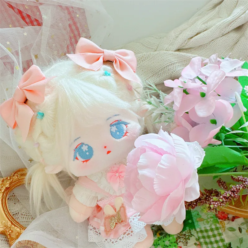 

20cm Kawaii Pink Bow Skirt Girls Doll Cute Stuffed Idol Plush Doll with Dress Clothes Bow Hair Clip Soft Kids Toys for Fans Gift