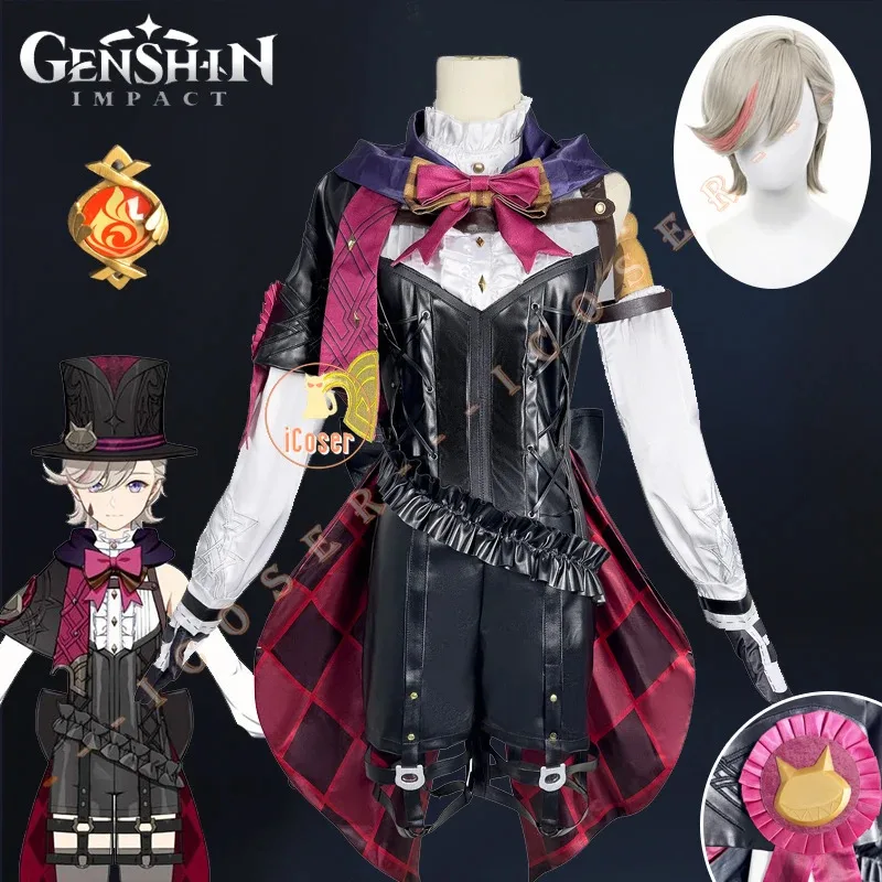 Lyney Cosplay Costume Wig Genshin Impact Uniform Fontaine Magician Hat Stickers 3D Printed Accessories Halloween Party Women Men