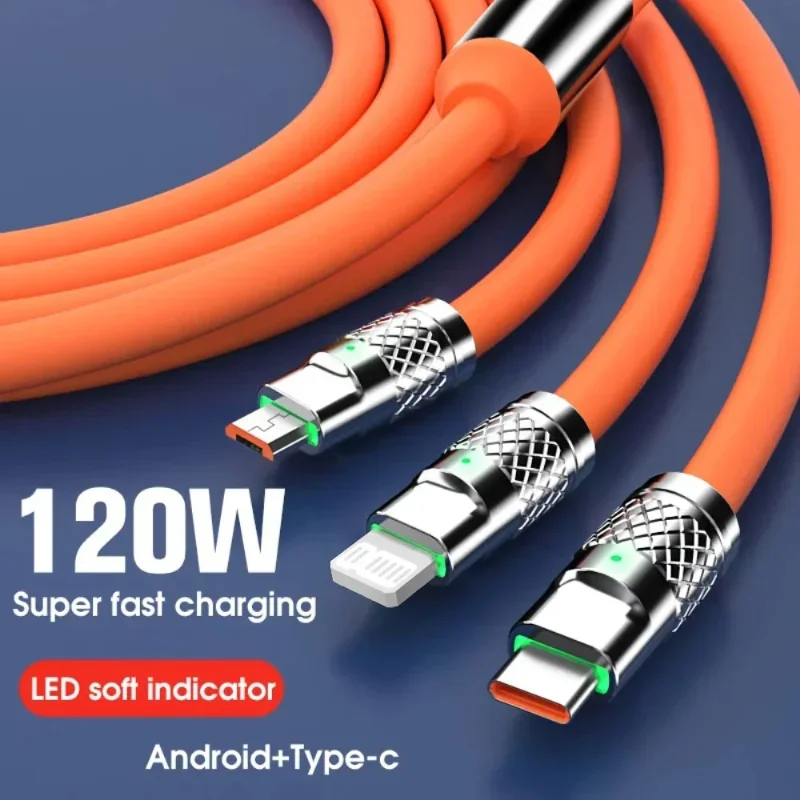 3 في 1 كابل USB 6A 120 واط كابل يو اس بي شحن سريع سلك بيانات آيفون سامسونج هواوي شاومي متعدد المنافذ سلك شحن متعدد