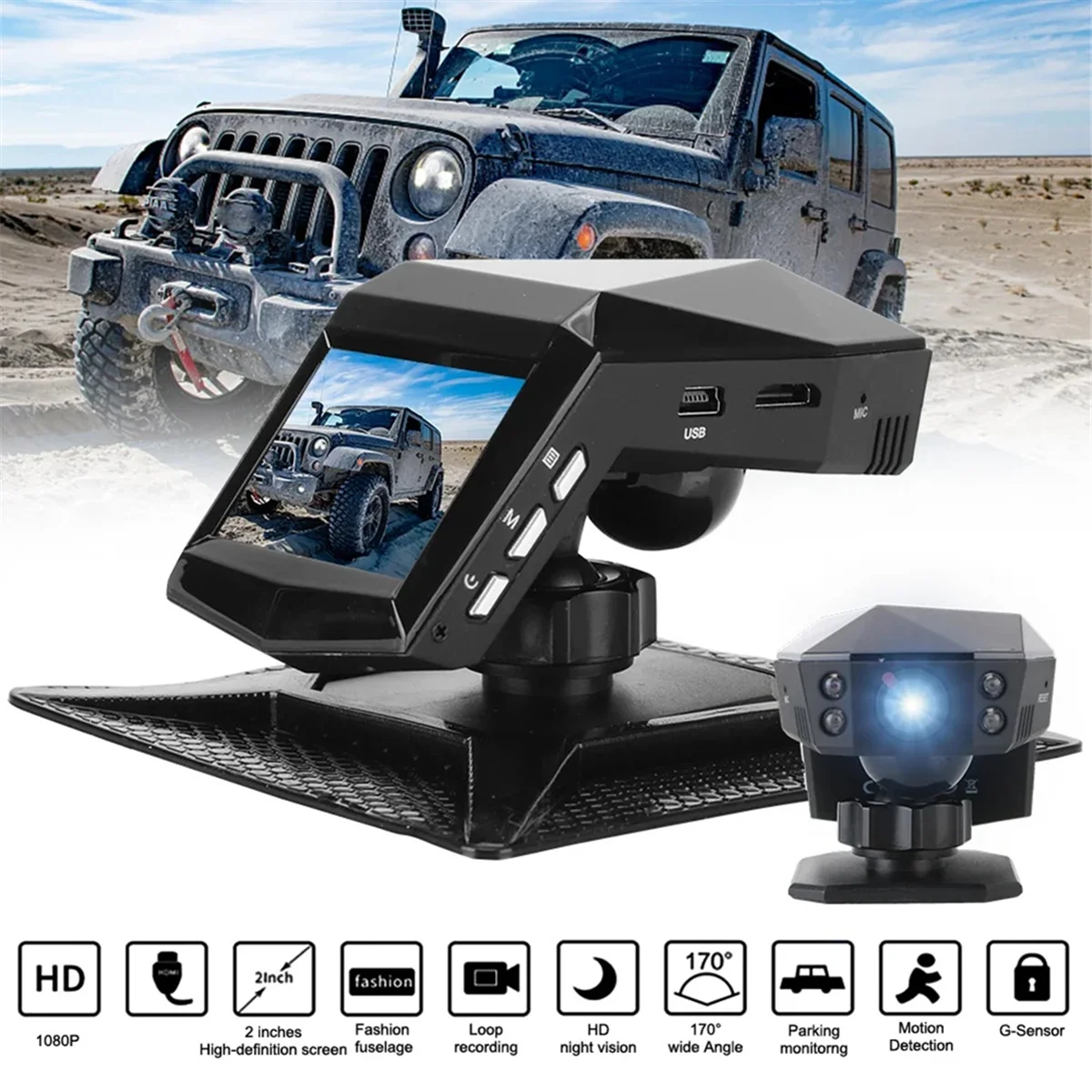 New Car Dash Video Recorder Rear View Monitor DashCam 2Inch Screen 1080P Wide Angle(A)
