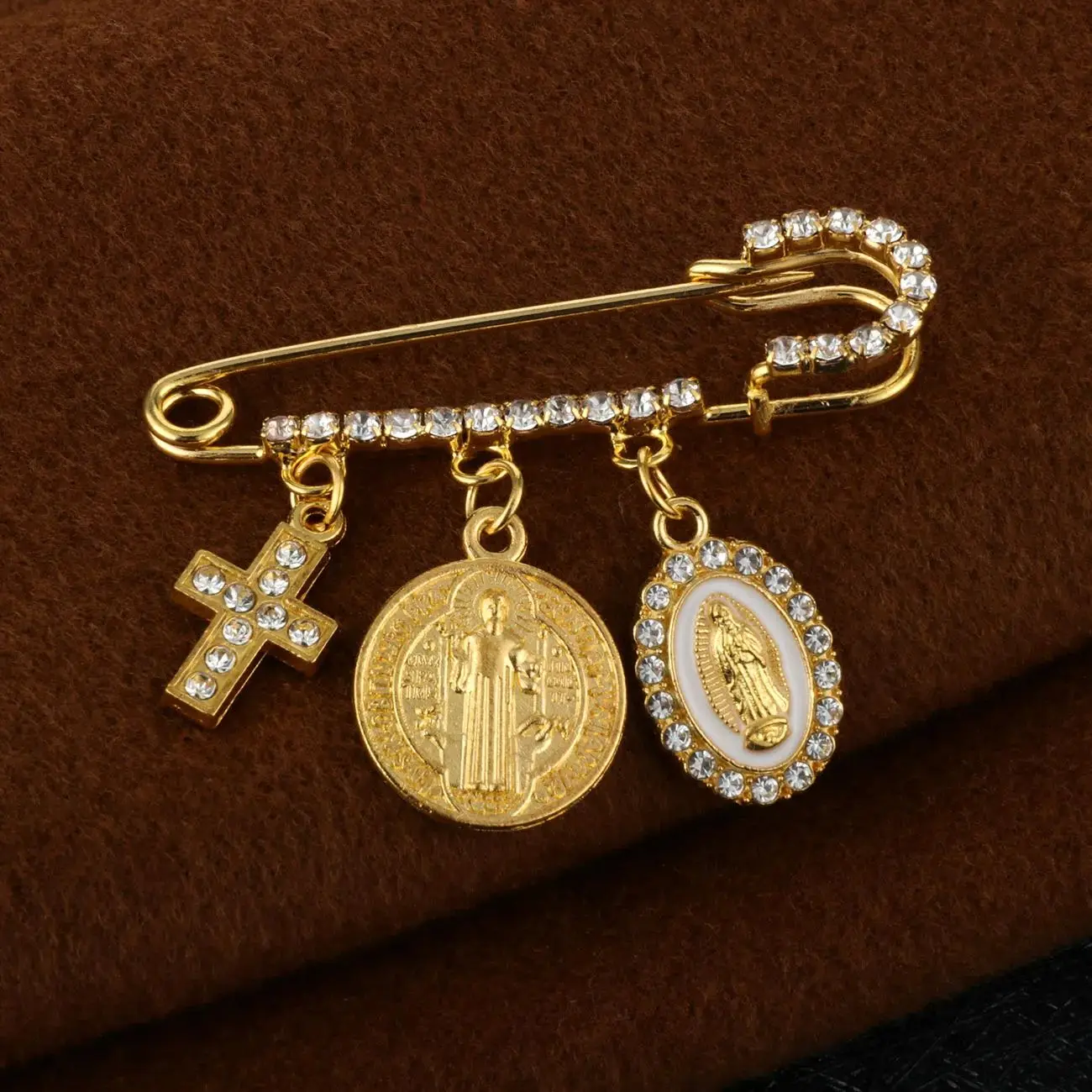St. Benedict Medal Paperclip Brooch Catholic Our Lady Of Guadeloupe Cross Charm Buckle Lapel Pin San Benito Jewelry Accessories
