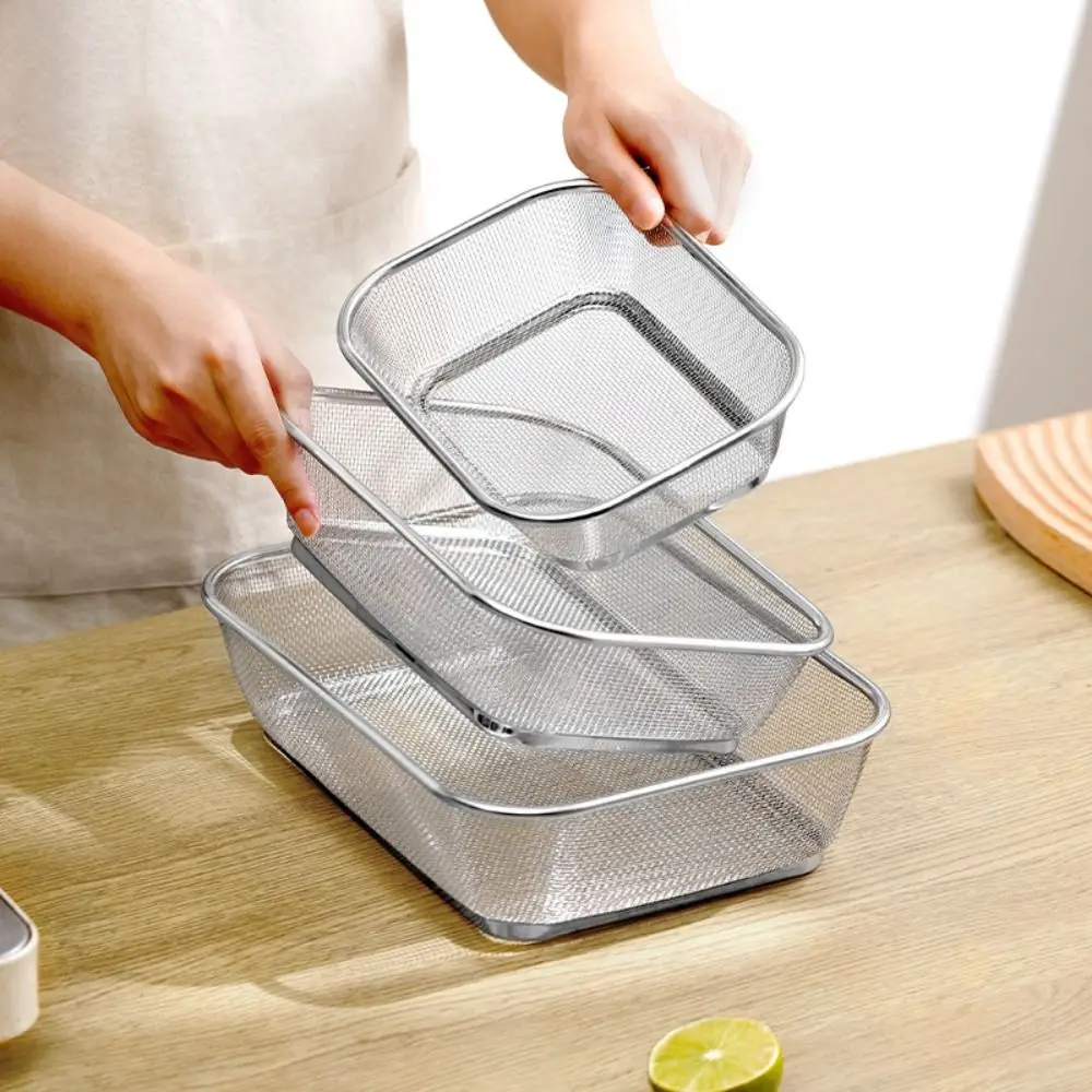 Ins Square Drain Basket Thickened Stainless Steel Rice Washing Basin Simple Hollow Out Fruit Snack Plate Sundries Organizing B