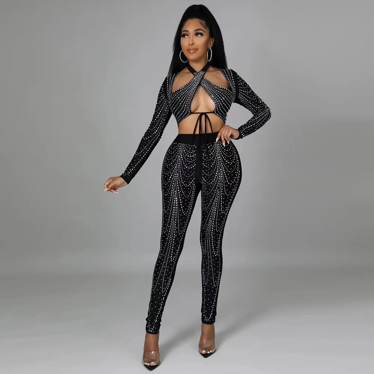 Ladies' sexy long sleeved long pants set with neck tie and diamond studded top, elegant dress, party outfit two-piece set