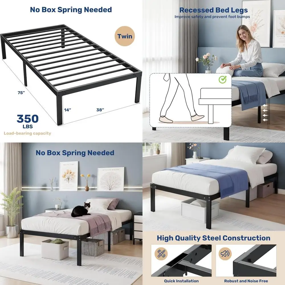 

Каркас двуспальной кровати 14 дюймов, металлическая платформа с местом для хранения вещей, коробчатая пружина не требуется, черный