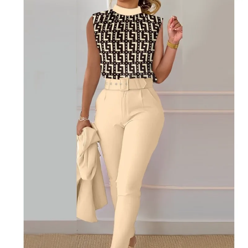 Frauen Elegante Ärmellose Druck Hemd Und Hose Sets Lässige Mode Oansatz Dünne Hosen Zwei Stück Set 2025, Sommer Büro Dame Outfit