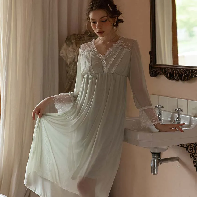 French Style Palace Style Princess Nightdress Spring Summer Female Sleepwear Bathrobe Nightwear Sexy Long Nightgown Home Wear