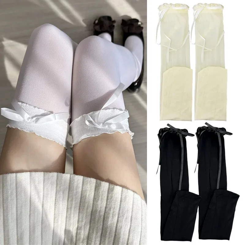 Sweet Lolita Ruffle Lace Bow Decor Over‑knee Socks Stocking Soft Knit Thigh‑high Hosiery Cosplay Daily Matching Sock Accessories