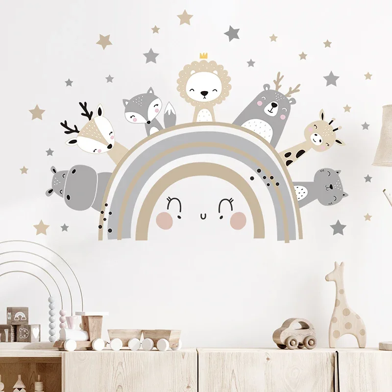 Cartoon Cute Animals on the Rainbows Stars Wall Stickers for Kids Room Baby Nursery Wall Decals Giraffe Hippo Cat Home Decor DIY