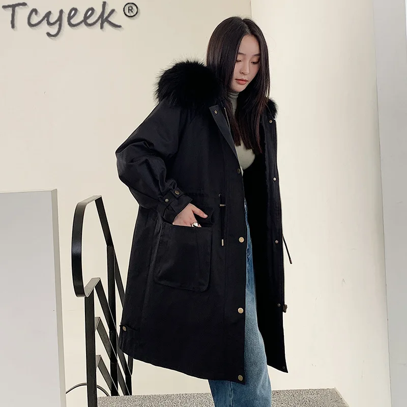 

Tcyeek Parka Women Winter Rex Rabbit Fur Liner Coat 2023 Fashion Long Jacket Female Clothing Raccoon Dog Fur Collar Detachable