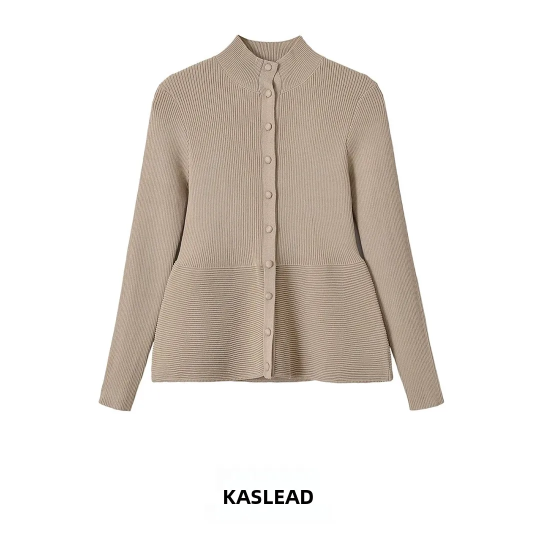 KASLEAD Women's Long Sleeve Stand Collar Knitted Button Coat New Style Versatile Outerwear Polyester Fiber Autumn Season