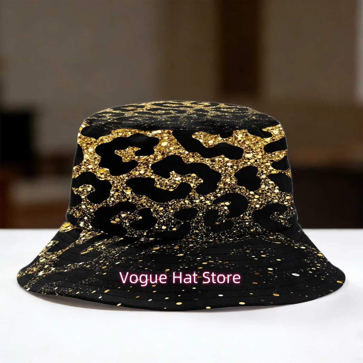 1pc Golden Glitter Leopard Print Fisherman Hat Pattern Print Trendy Headgear Breathable Hand Washable Ideal for Weekend Getaways