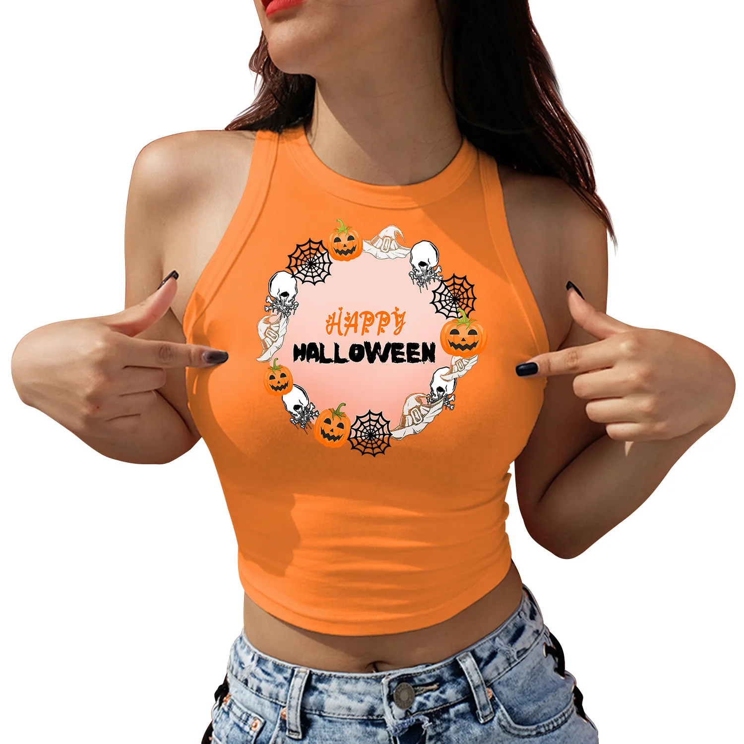 2024 New Halloween Orange Leopard Pumpkin Hot Stamping Print Women's Sexy Small Vest Slim Fit Top