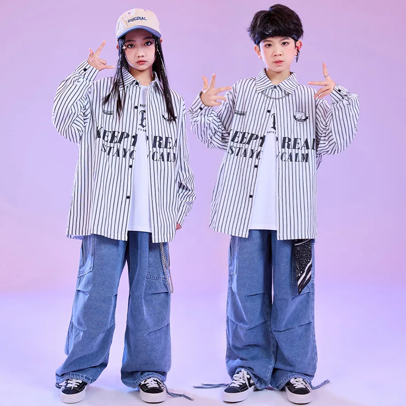 Kid Hip Hop Clothing White Striped Shirt Top Casual Pleated Denim Jeans Baggy Pants for Girl Boy Jazz Dance Wear Costume Clothes