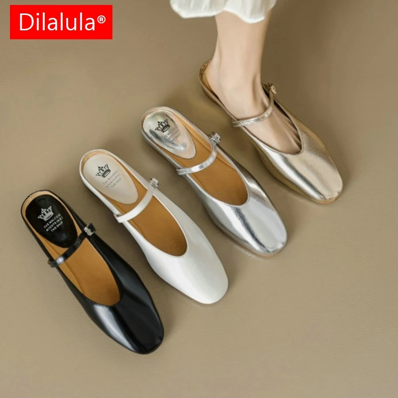 

Dilalula 2024 Genuine Leather Slippers Women Flat Heels Covered Toe Mary Jane Slippers Ladies Casual Summer Flats Plus Size