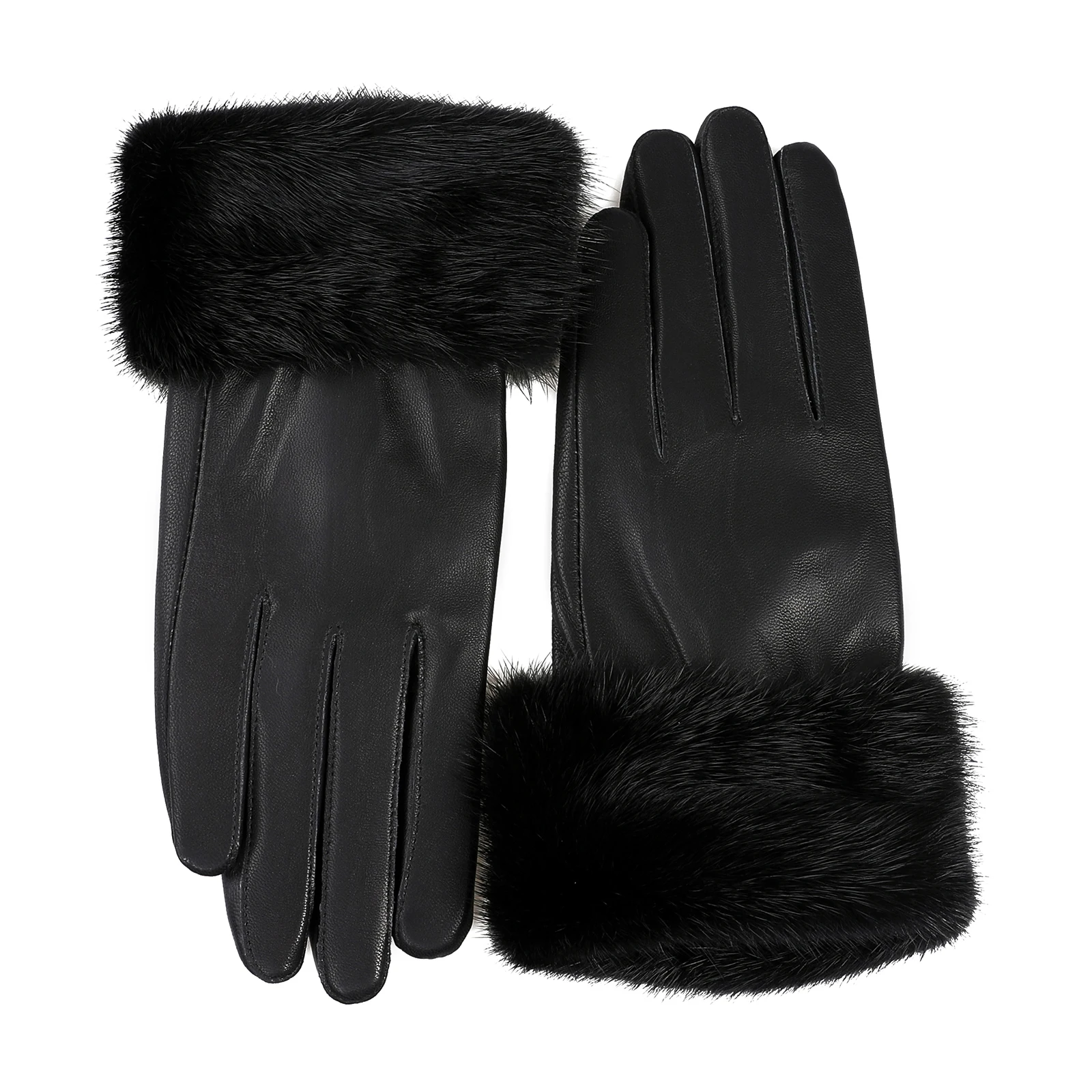 BOONJOVIA Women's Genuine Lambskin Leather Gloves with Real Mink Fur Cuffs Warm Winter Driving Gloves Lady