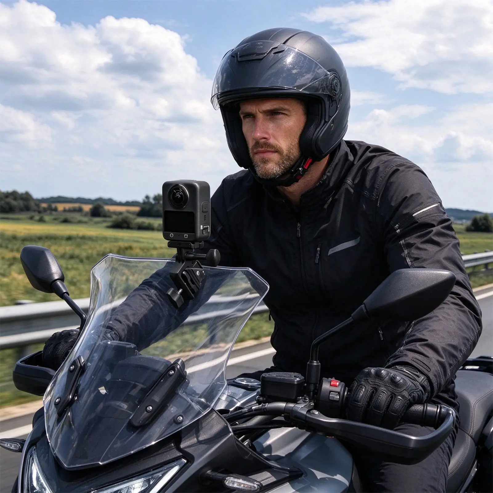 スポーツカメラ用バイクマウント、手ブレ防止ビデオレコーダー固定具、長距離走行や砂利道、街中での使用に最適なバイク用カメラクリップ。
