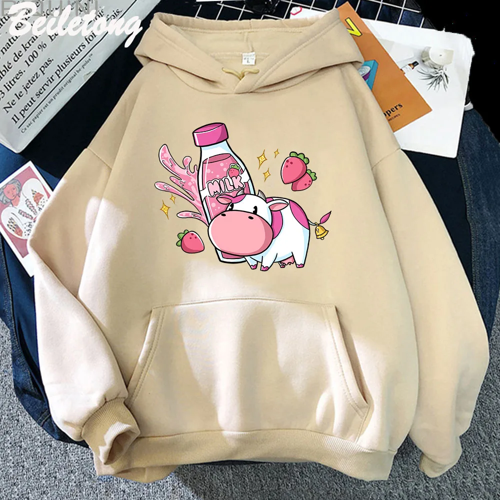 Kawaii Hoodie Strawberry and Cow Cartoon Print Women Tops 2022 Spring Autumn Harajuku Sweatshirt Girl Casual Ulzzang Long Sleeve