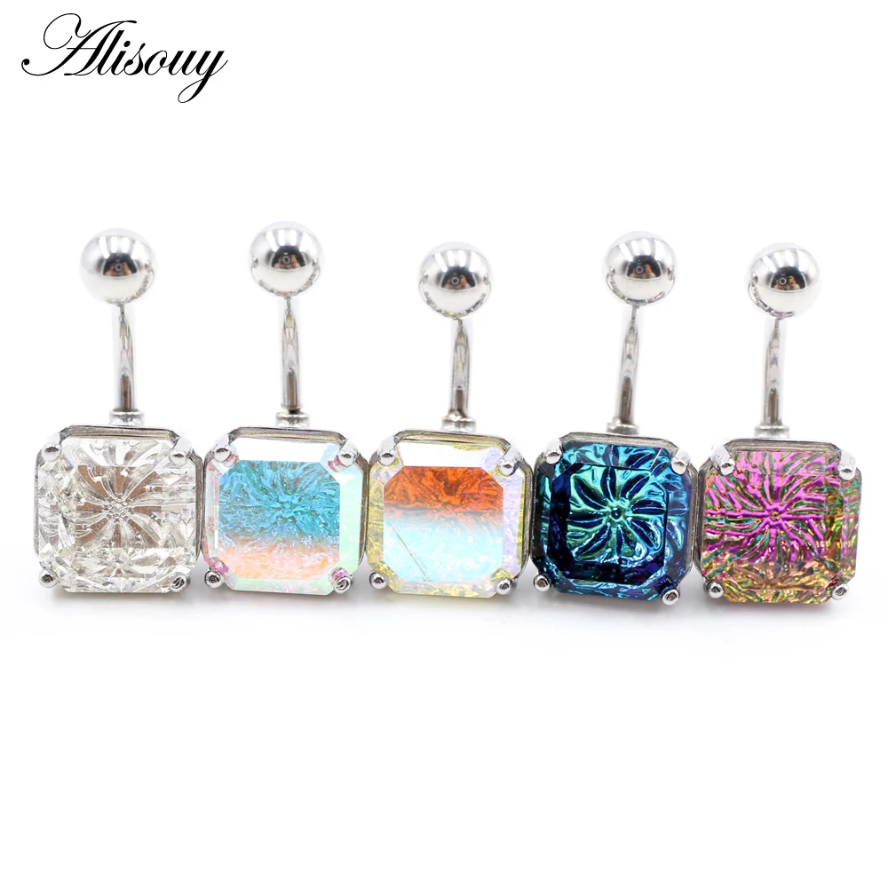 Alisouy, 1 pieza, barra de acero inoxidable 316L, bola de cristal cuadrada, chica, mujer, Sexy, ombligo, anillos con botón, Piercing, joyería para el cuerpo