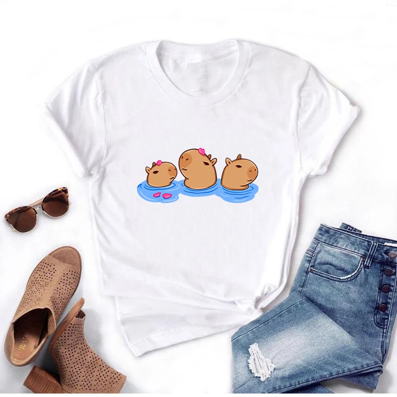 Cute Capybara Print T Shirt Kawaii Capybaras Cartoon Graphic Unisex Tshirt Fashion Streetwear O-Neck Casual Women Men T-shirt