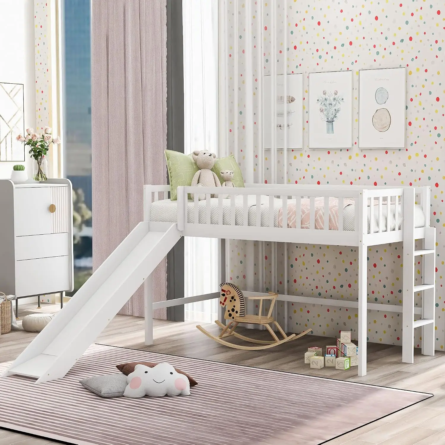 Bellemave Twin Size Low Loft Bed with Slide and Guardrails,Kids Loft Bed with Ladder,Wood Low Loft Bed Twin Size for Girls Boys,