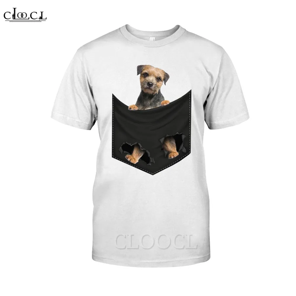 HX Funny T-Shirts 3D Graphic Animals Dog Border Terrier In Pocket Printed Tees Polyester Casual Pullovers Hip Hop Tops