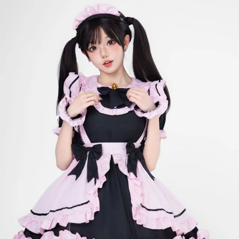 Meid Cosplay Kostuum Vrouwen Zwart Roze Meisje Lolita Jurk Schattige Kat Bell Uniform Cosplay Anime Disfraz 5-delige Set