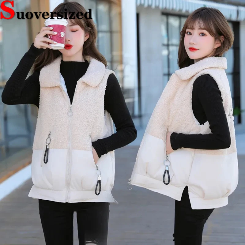 

Thicken Down Cotton Vest Winter Lambswool Spliced Waistcoat Warm Loose Casual Sleeveless Jackets Oversized 80kg Women Chaleco