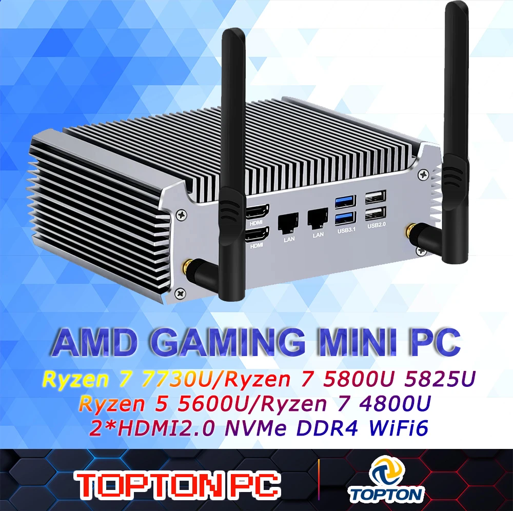 Fanless AMD Mini PC FU02 Ryzen 7 5800U 7730U Gaming Mini Computer Windows 11 Dual LAN Firewall Router 2*HDMI2.0 NVMe DDR4 WiFi6