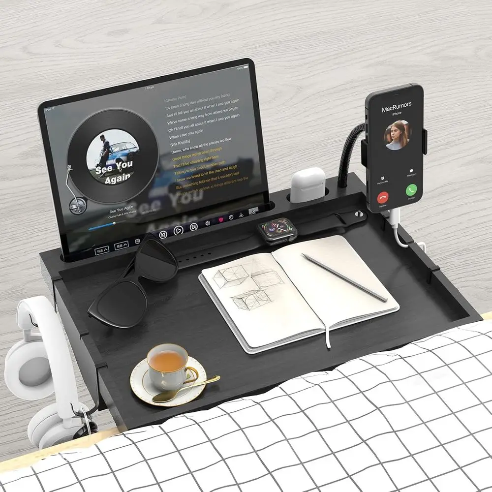 

Overbed Storage Organizer with Holder, Bamboo Shelving for Beds, Clip-on Nightstand for Dorms, Bed Tray with Earphone and Tablet