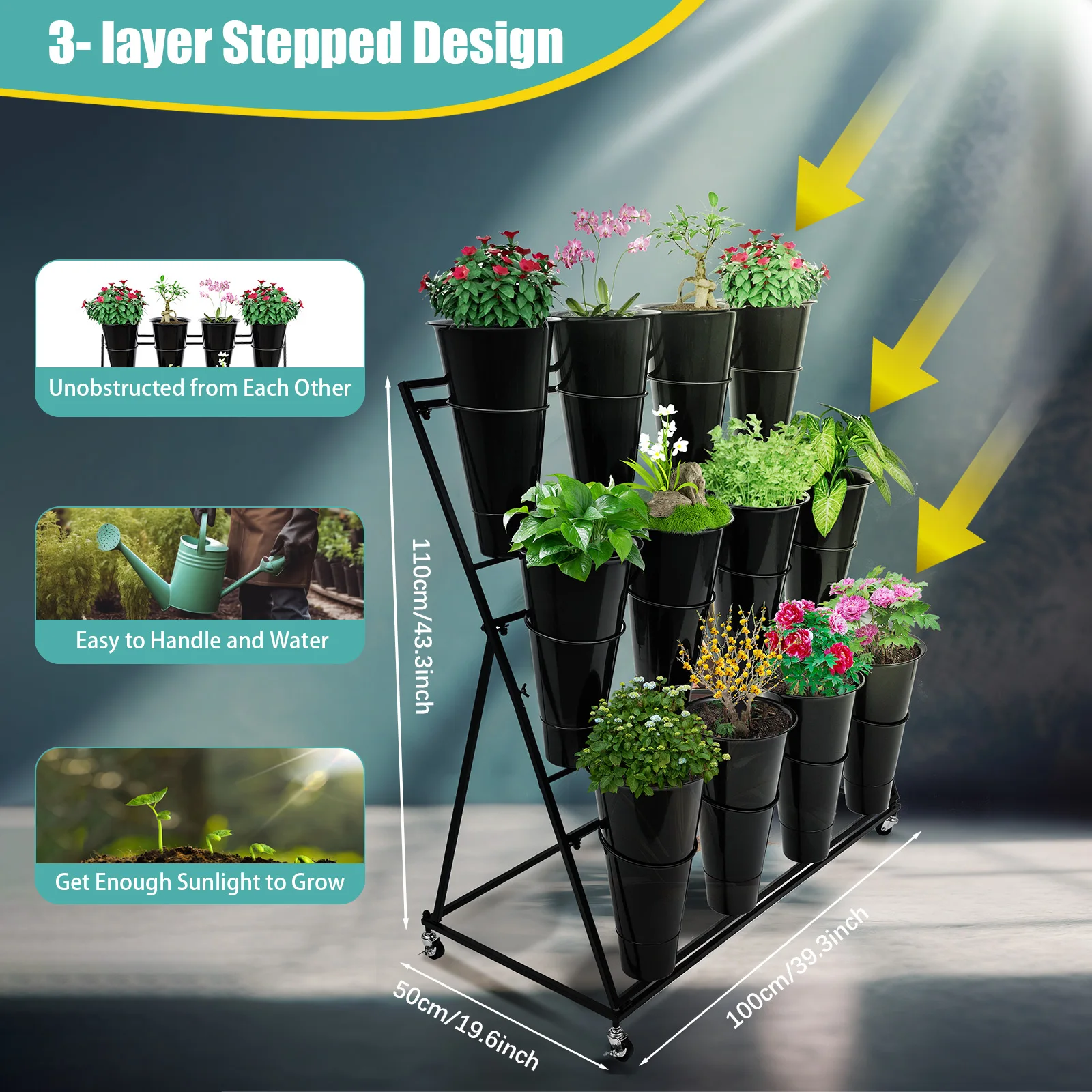 Imagem -02 - Metal Flower Display Stand com Rodas Camadas Preto