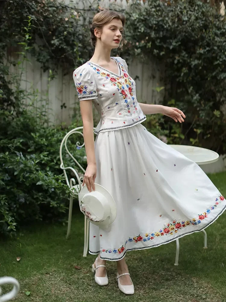 86-96cm Bust Spring Summer 2024 Women Elegant Loose Mori Kei Girl Floral Embroidered Cotton Linen Top and Skirt Sets