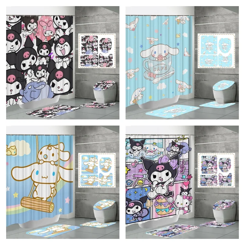 Hello Kitty Shower Curtain Four Piece Set Sanrio Bathroom Printing Water Proof Kit Shower Curtain Carpet U-Shaped Pad Wholesale