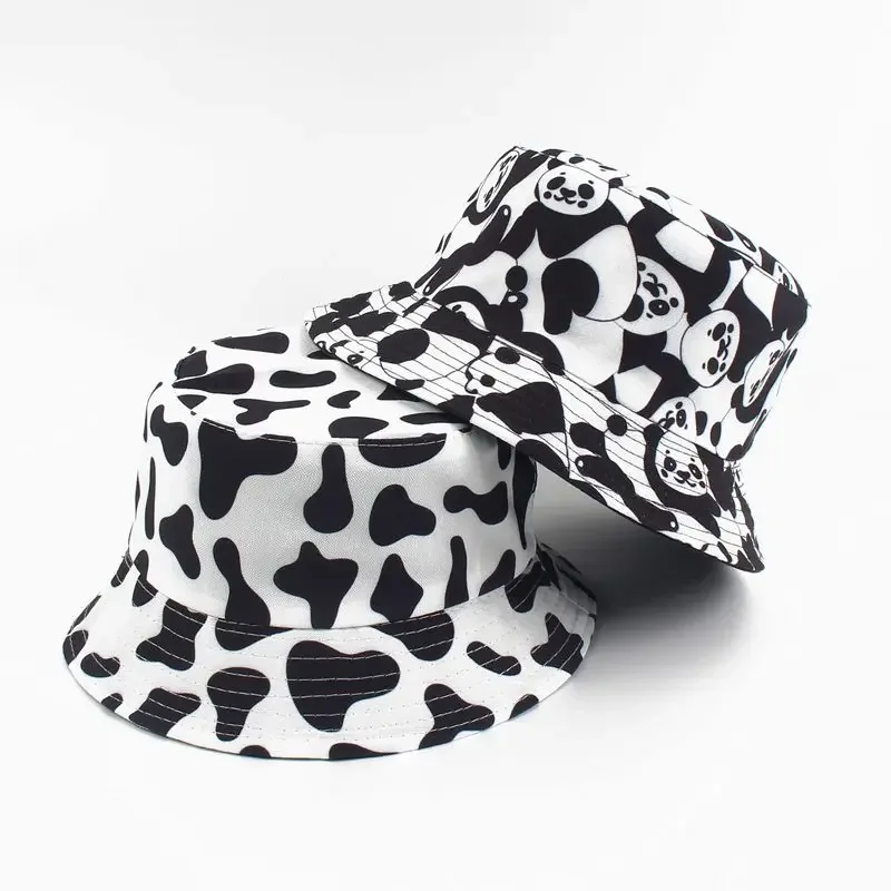 Unisex Bucket Hat Double-Side-Wear Reversible Fisherman Hat Cap Cotton Black White Print Foldable Women Fashion Fisherman Hat