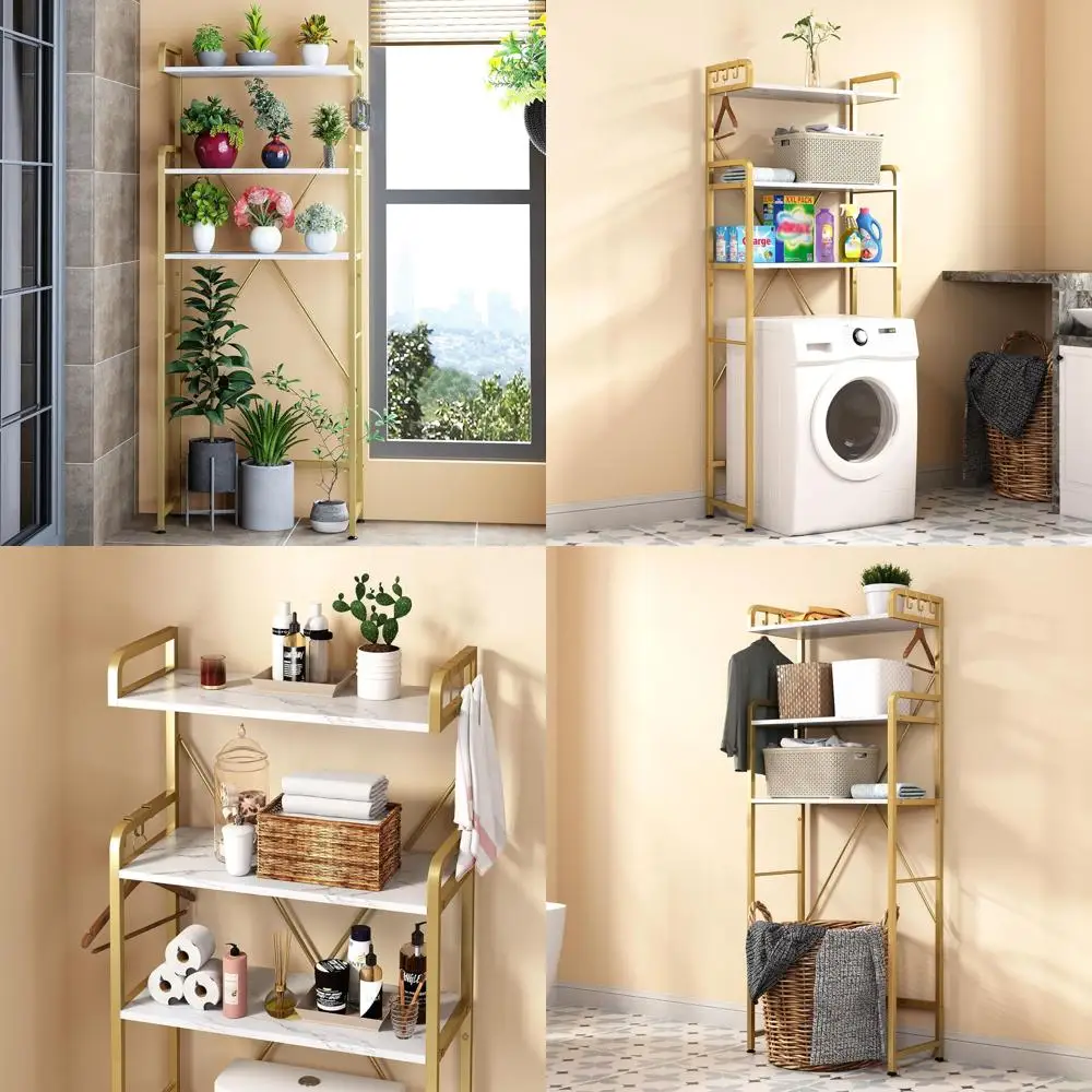 

Трехуровневая полка для хранения над унитазом, компактный стеллаж с крючками, белый и золотой органайзер для прачечной