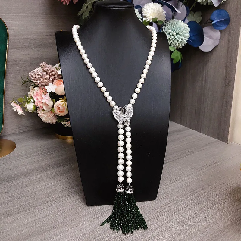 

Natural 8-9mm freshwater pearl & green Crystal tassel necklace high-end fashion versatile jewelry exquisite long sweater chain